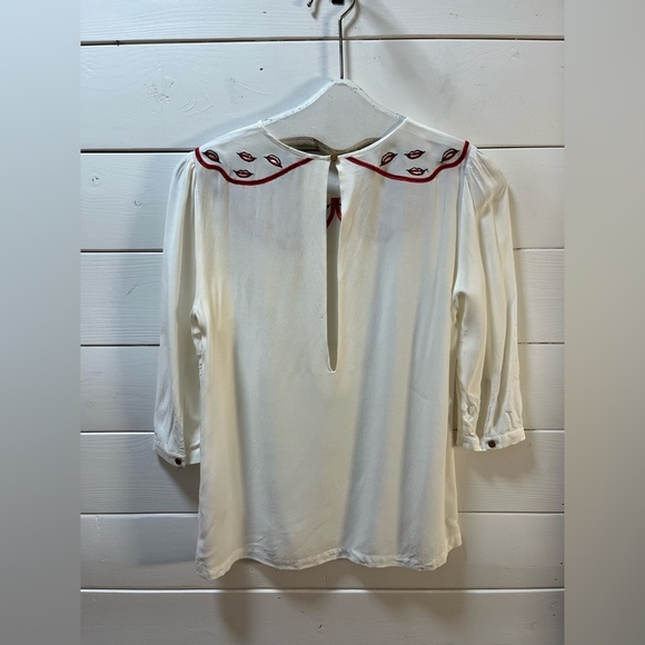 IDANO – off White Blouse with Embroidered Lips Collar – Size 1/Small - Picture 8 of 10